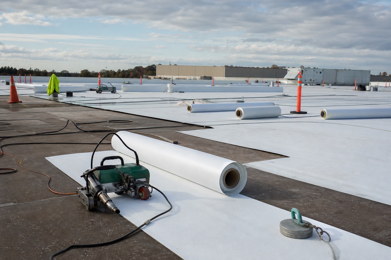 TPO membrane installation on a commercial roof